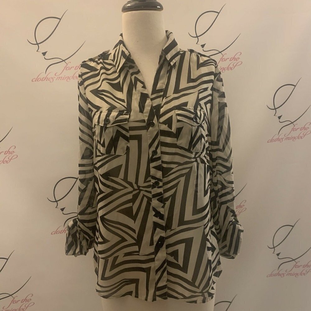 Timing. Bust 36". Sheer Zebra Print Shirt. Shoulder and Sleeve Tabs. B30
